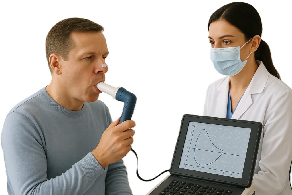 Uma técnica realiza a espirometria em um paciente