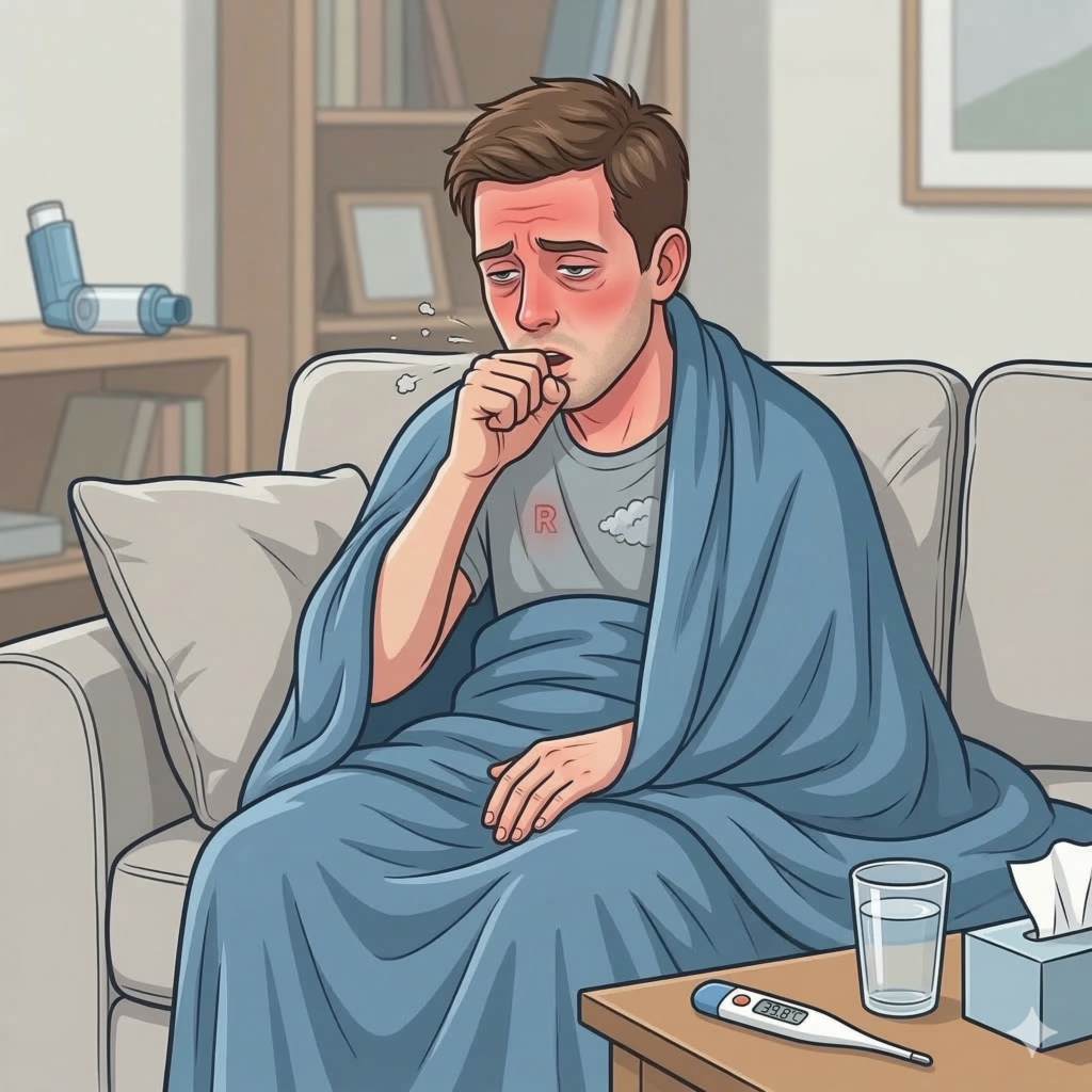 caricatura de um homem com febre por pneumonia