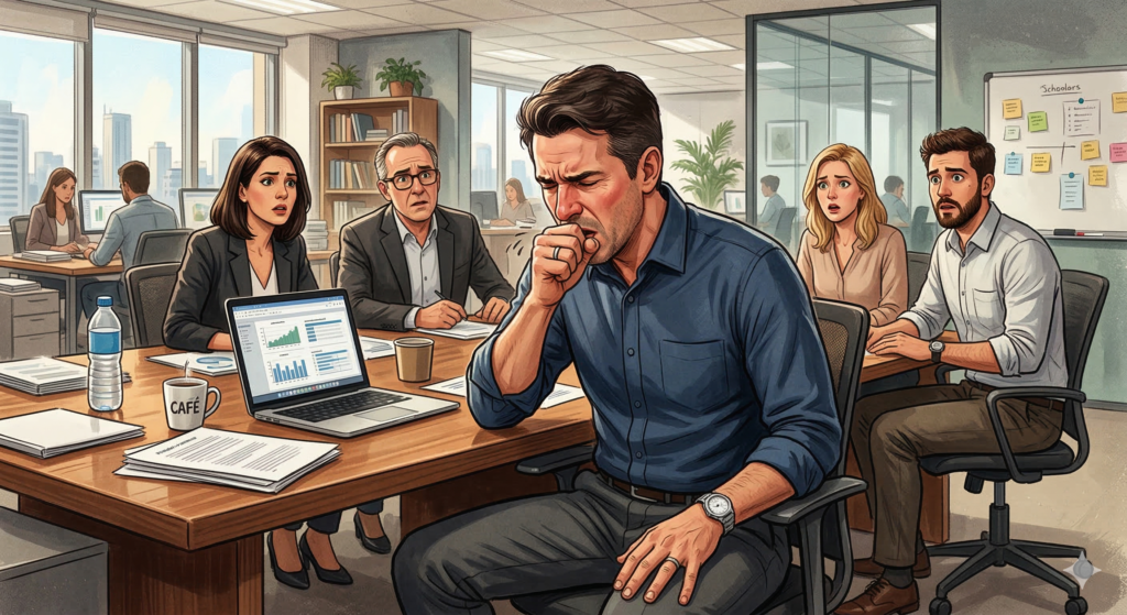 Homem com tosse importante no ambiente de trabalho